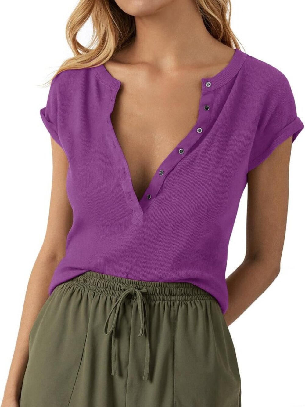 Women's Purple V Neck Low Cut Casual Ribbed Knit Henley Short Sleeve T Shirts